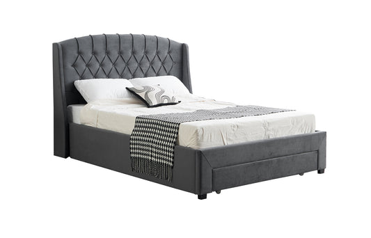 Paris Tall Tufted Velvet Dark Grey Bed with Storage Drawer - Queen