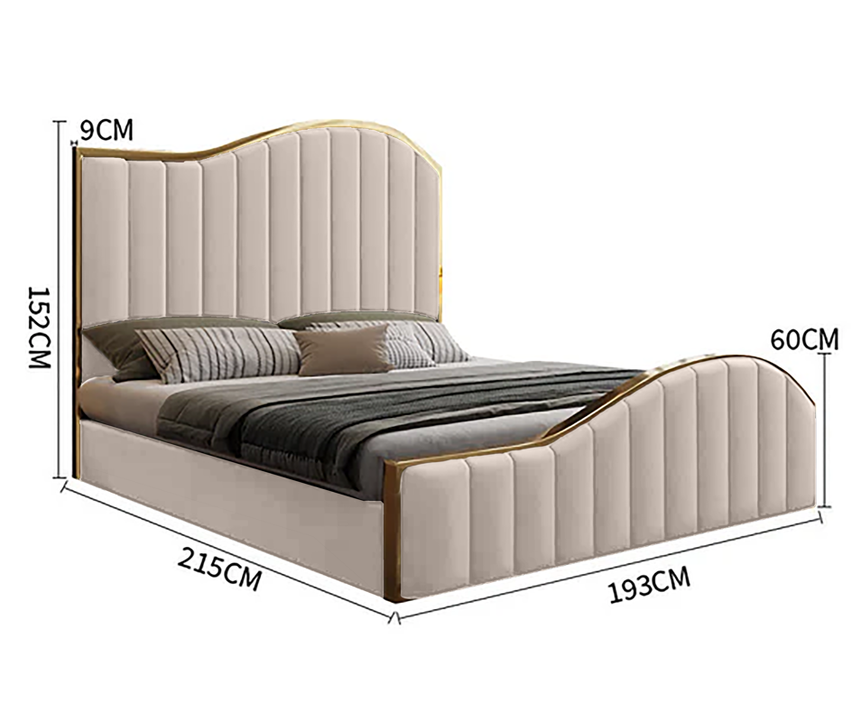 Elegant Luxury King Size Bedframe in Beige with Gas Lift Storage Velvet Fabric Golden Trim