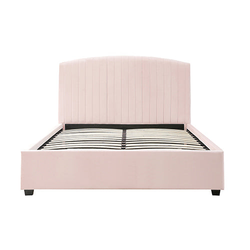 Camelia King Single Size Bed Frame Pink Velvet Upholstery High Headboard Quality Slats Metal Structure