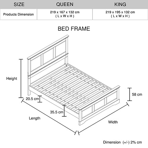 King Bed Frame in Solid Wood with Slats Support in Grey colour