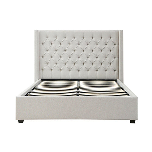 Veronica Bed Frame Double Size Winged Grey Linen Fabric Seam Grid Pattern with gas lift plywood metal structure