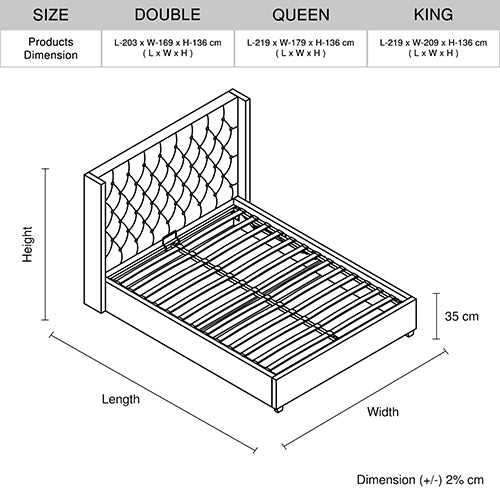 Veronica Bed Frame King Size Winged Grey Linen Fabric Seam Grid Pattern with gas lift plywood metal structure