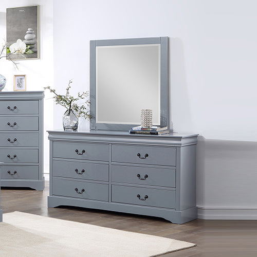 Dressing Chest with 6 Storage Drawers in Solid Wooden Mirror Metal Handles Grey Colour