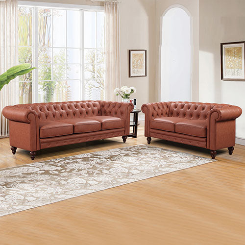 3+2 Seater Brown Sofa Lounge Chesterfireld Style Button Tufted in Faux Leather