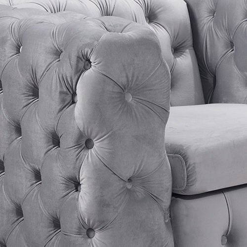 Single Seater Grey Sofa Classic Armchair Button Tufted in Velvet Fabric with Metal Legs