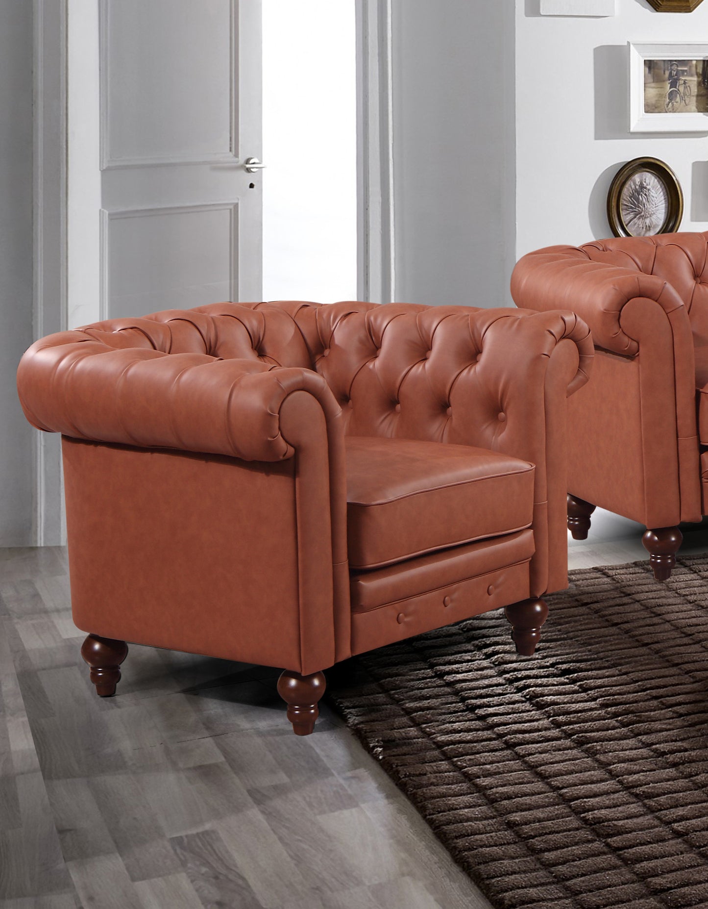 Single Seater Brown Sofa Lounge Button Tufted in Faux Leather