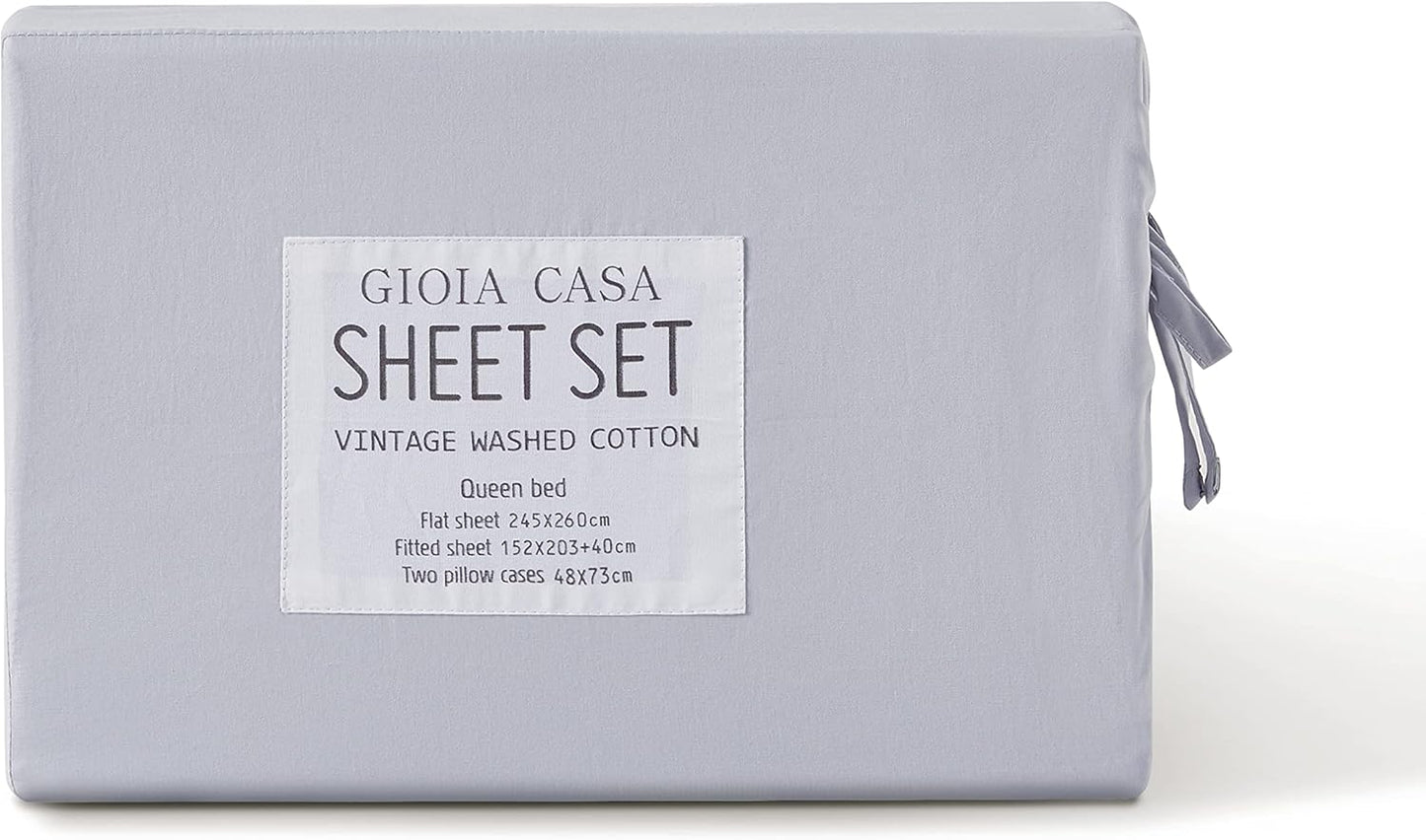 Vintage Washed 100% Cotton Sheet Set with 2 Pillowcases - Silver - Double