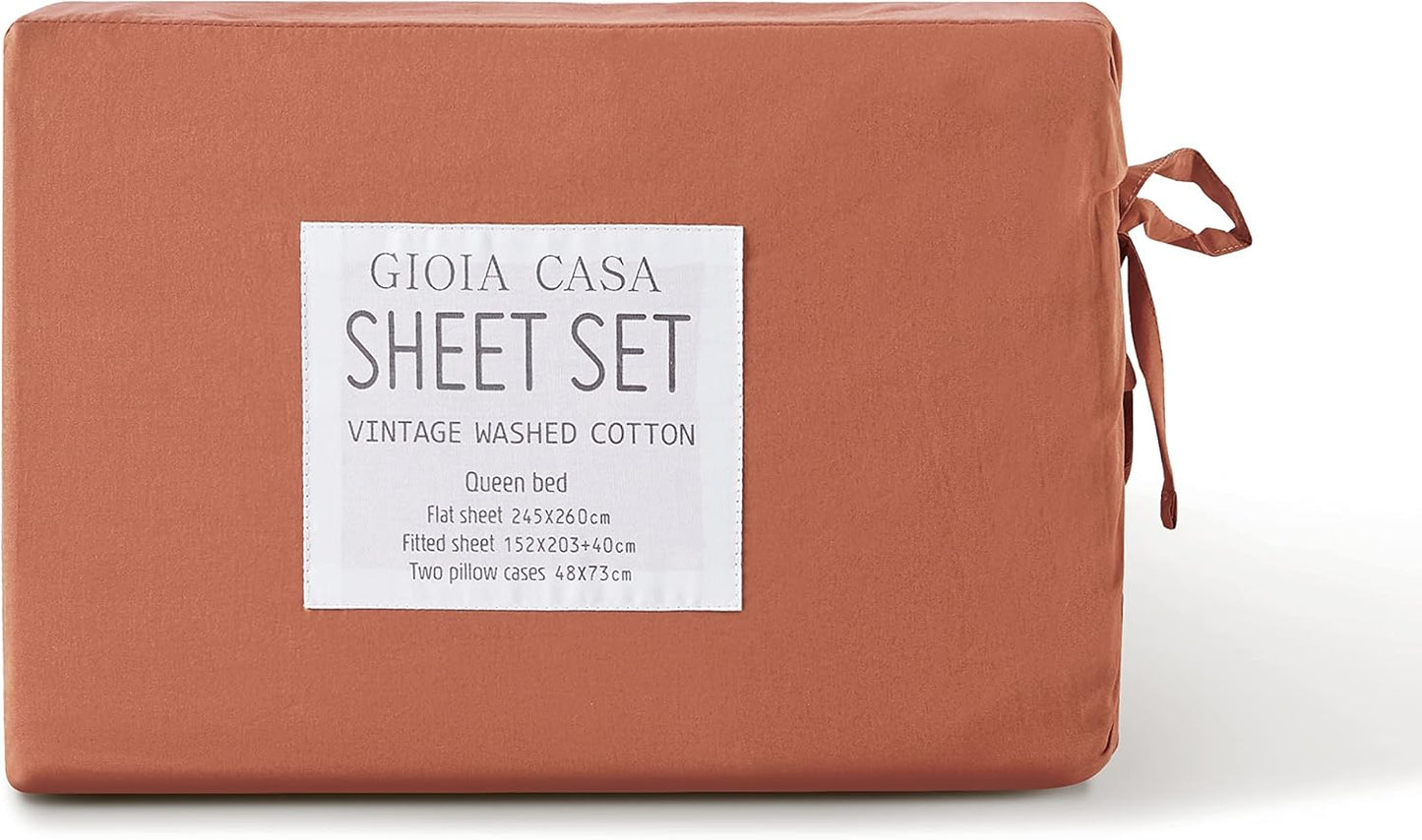 Vintage Washed 100% Cotton Soft Breathable Sheet Set - Brick - Queen