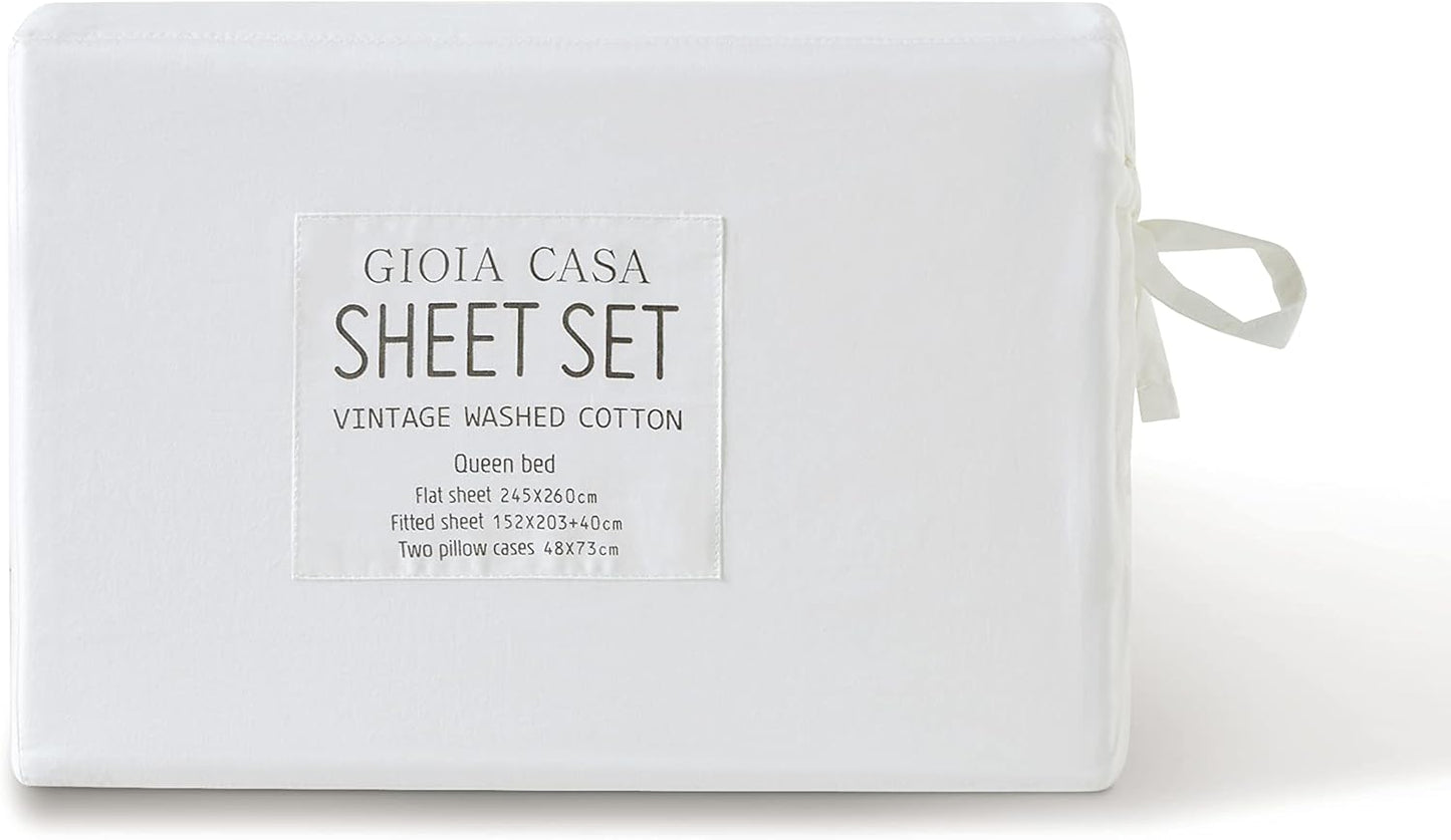 Vintage Washed 100% Cotton Sheet Set with 2 Pillowcases - White - King Size