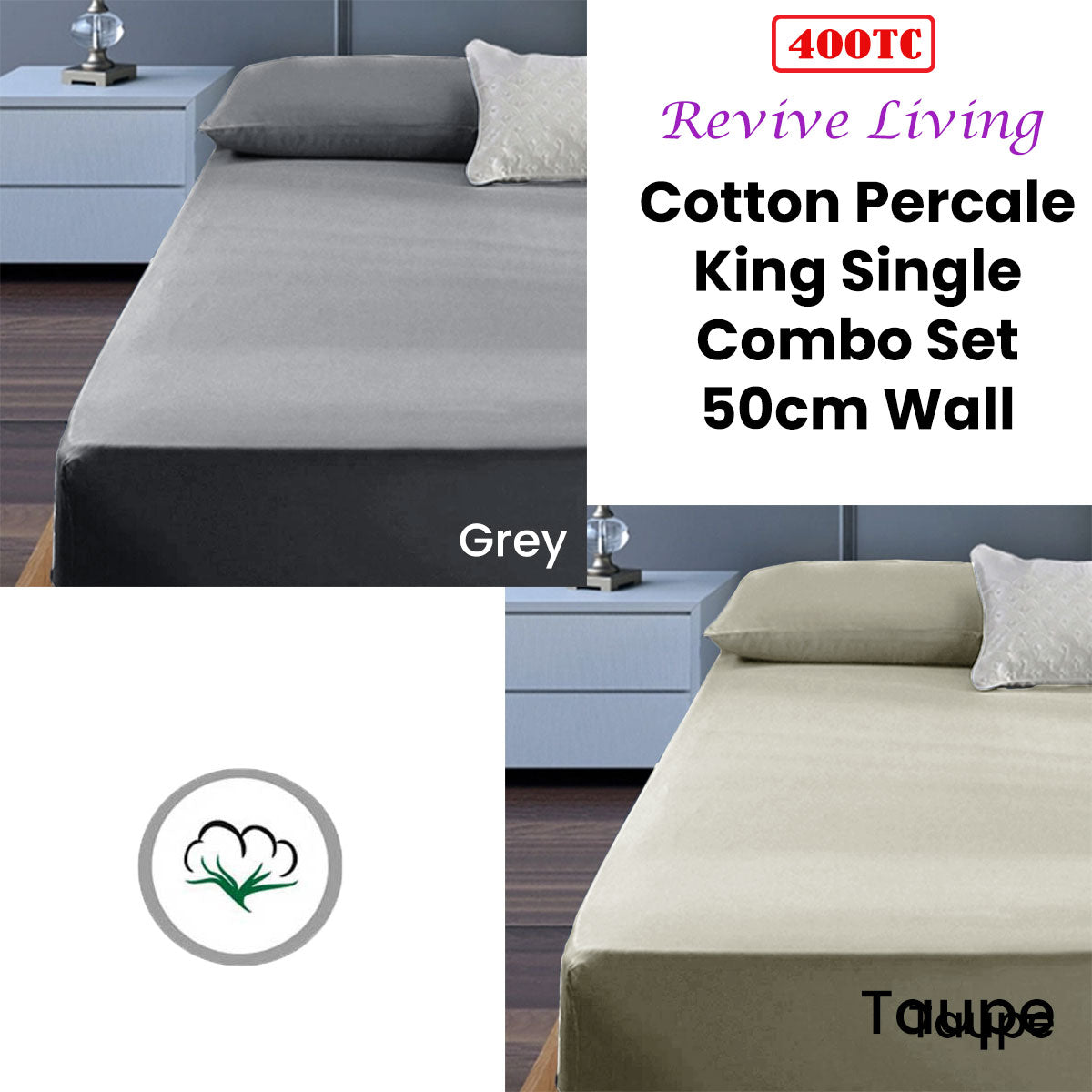 400TC Cotton Percale King Single Combo Set 50cm Wall Grey