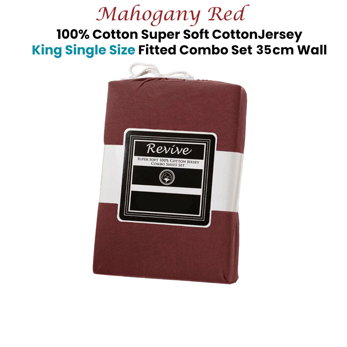 Revive Mahogany Red 100% Cotton Jersey Super Soft Fitted Sheet Combo Set King Single 35cm Wall