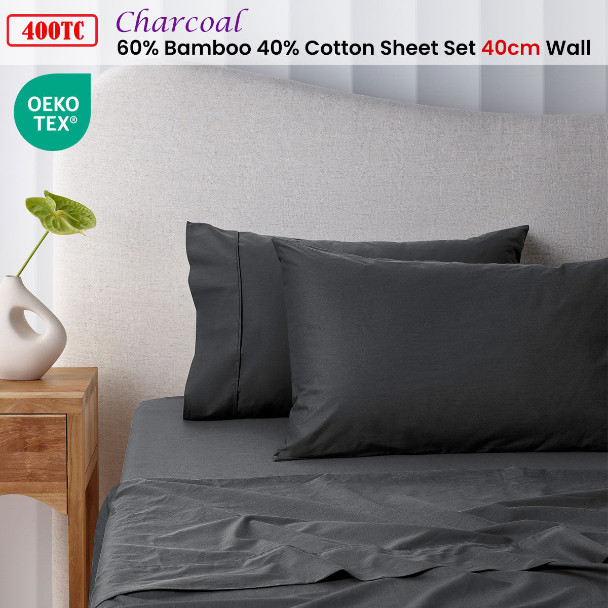 Accessorize 400TC Charcoal Bamboo Cotton Sheet Set 40cm Wall King