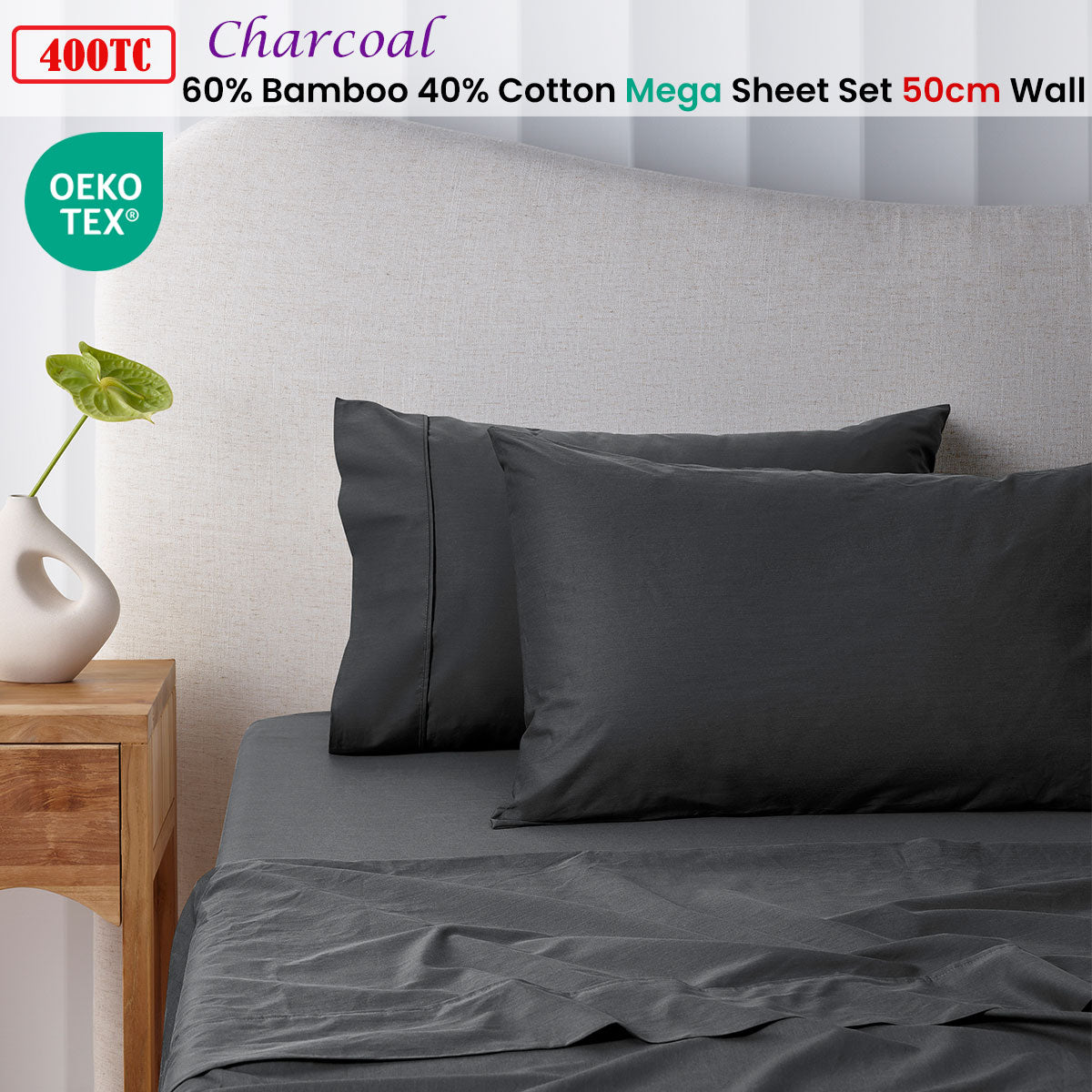 Accessorize 400TC Charcoal Bamboo Cotton Mega / Super Sheet Set 50cm Wall King