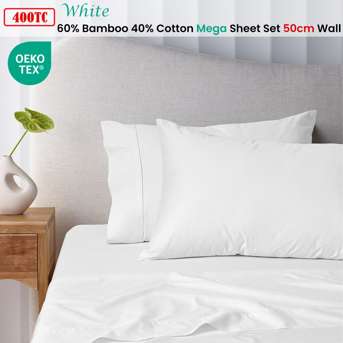 Accessorize 400TC White Bamboo Cotton Mega / Super Sheet Set 50cm Wall King