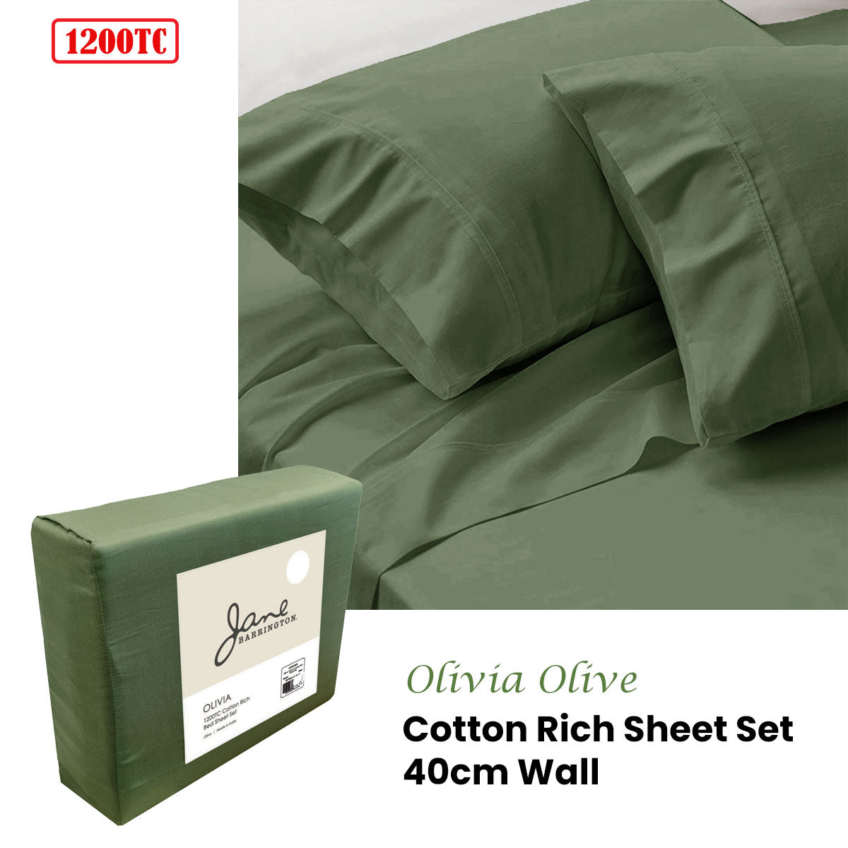 Jane Barrington 1200TC Olivia Cotton Rich Sheet Set 40cm Wall Olive King