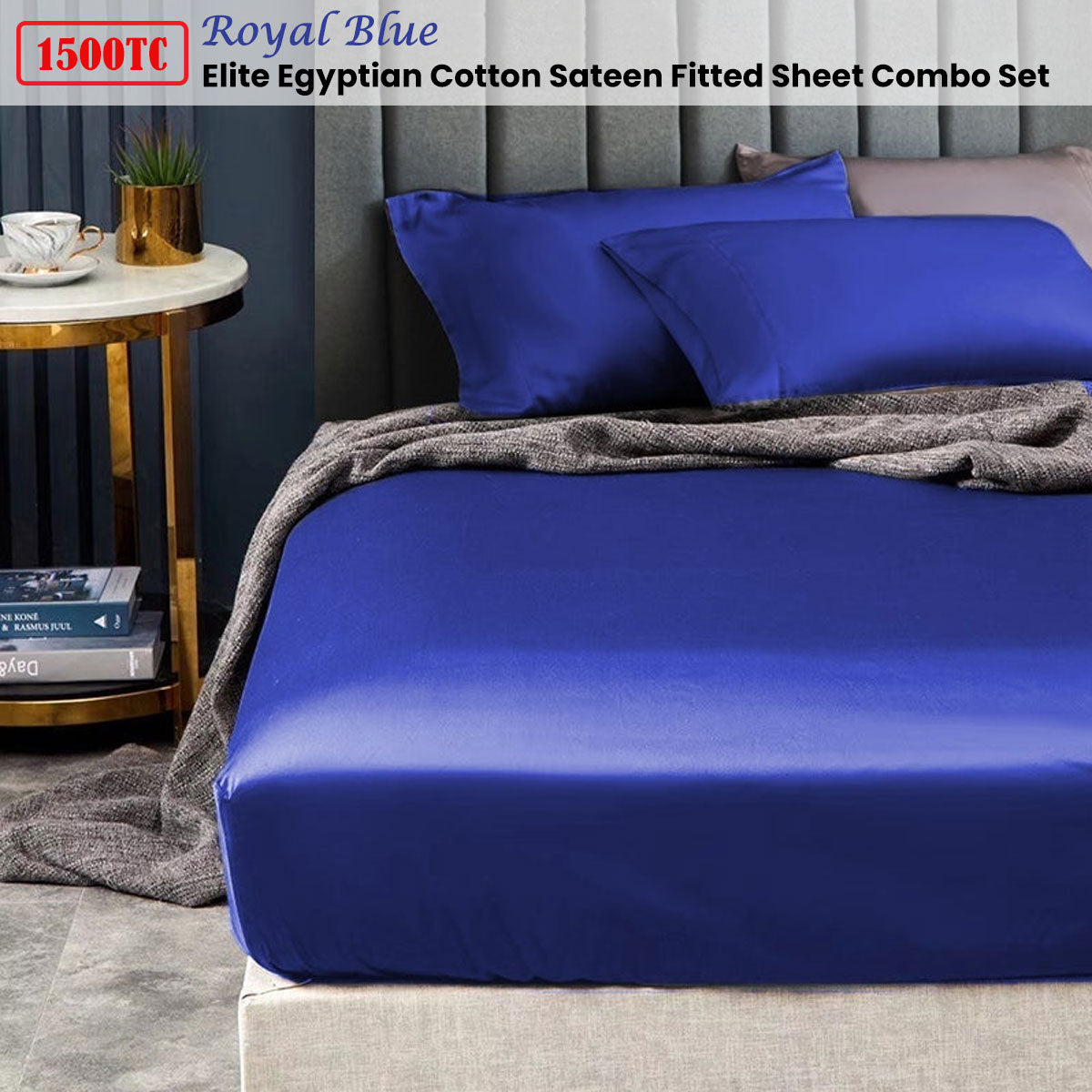 Ramesses 1500TC Elite Egyptian Cotton Sateen Fitted Sheet Combo Set Royal Blue King