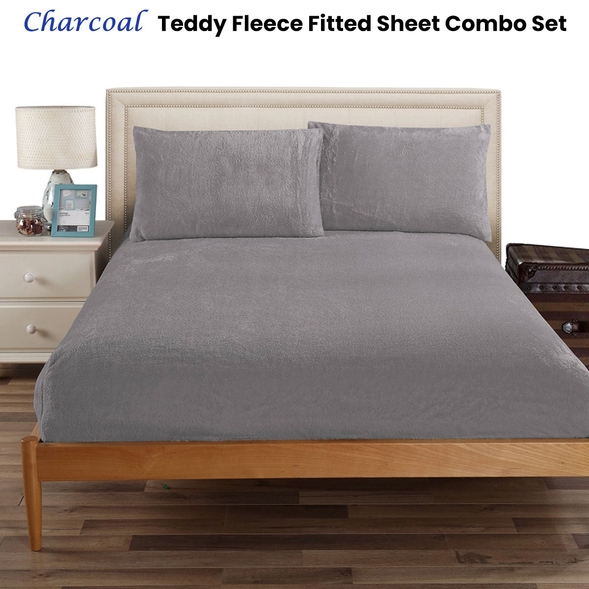 Ramesses Teddy Fleece Fitted Sheet Combo Set Charcoal King