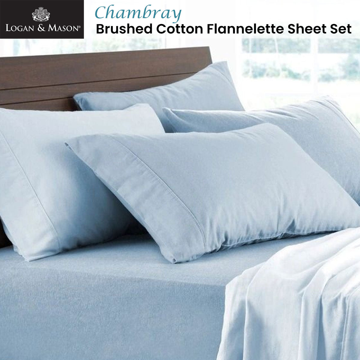 Logan and Mason Soft Brushed Cotton Flannelette Sheet Set Chambray 40cm Wall King