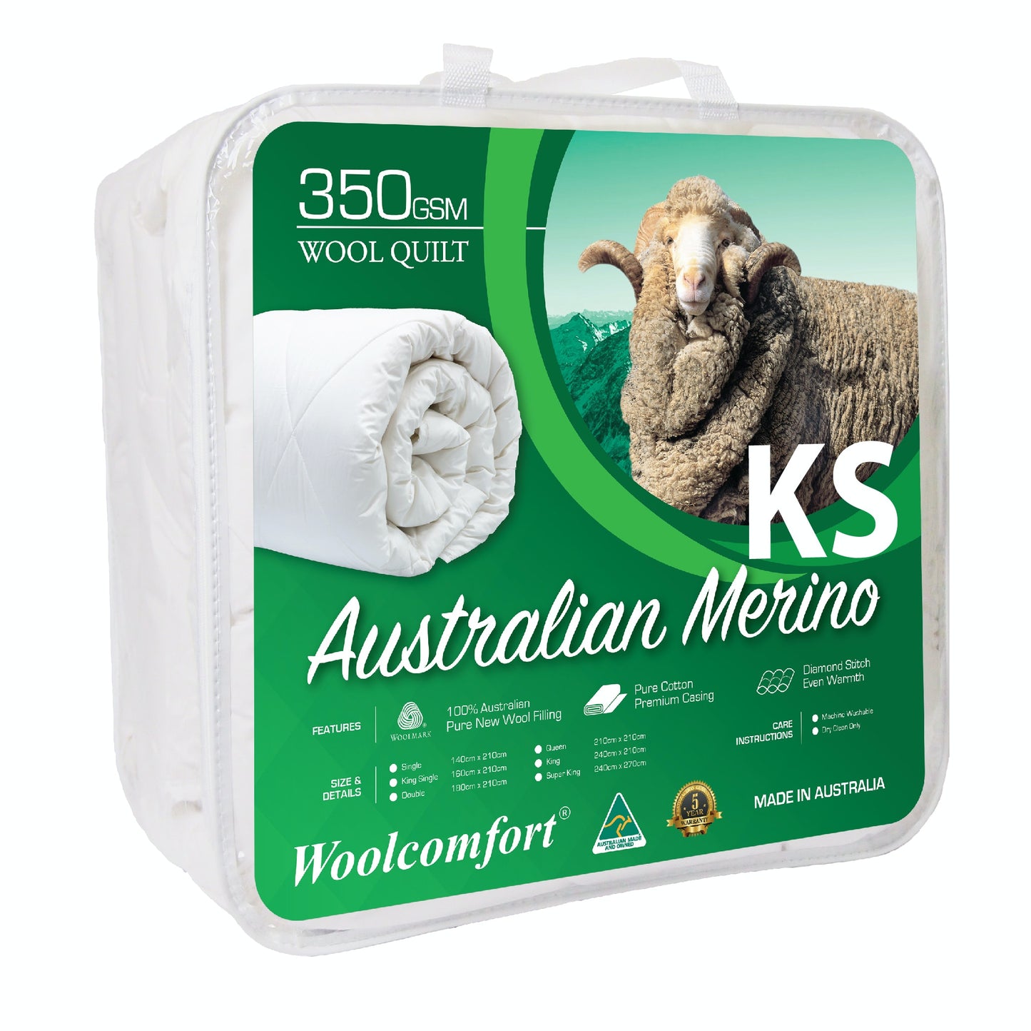 Woolcomfort Aus Made Merino Wool Quilt 350GSM 160x210cm King Single Size