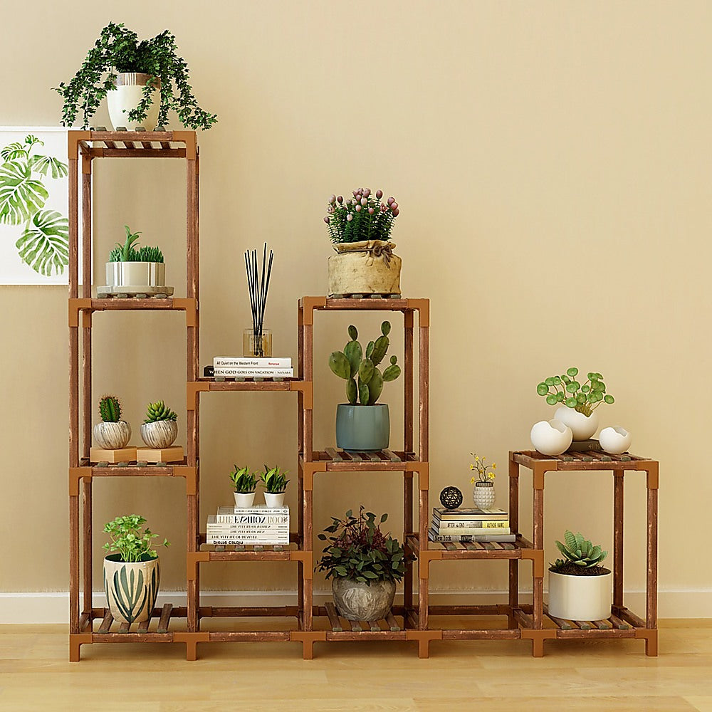 Indoor Outdoor Garden Plant Stand Planter Flower Pot Shelf Wooden Shelving - 12 Shelves