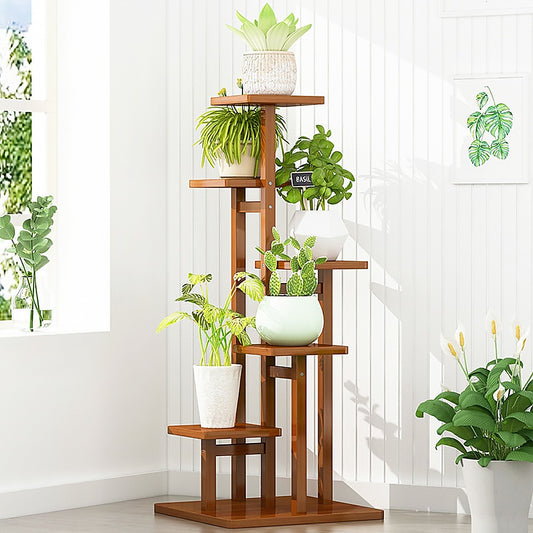 5 Tiers Vertical Bamboo Plant Stand Staged Flower Shelf Rack Outdoor Garden